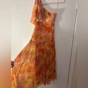 Taylor Ruffled One-Shoulder Midi Dress in Peach, Pink, Yellow